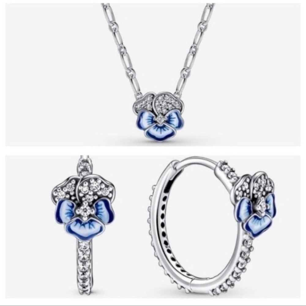 🆕 Blue Pansy Flower Pendant Necklace/ Earring Set